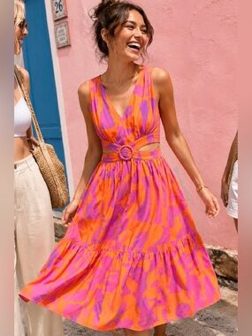 Karlie Bright Pink & Orange Cutout Poplin Cotton Midi Dress